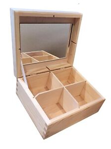 Handcrafted Beech Wood Jewellery Box: Mirror, 4 Slots, Ideal for Decoupage Craft
