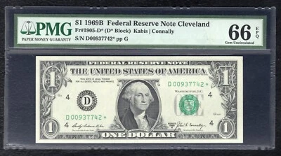 FR 1905-D* 1969-B $1 *STAR* FEDERAL RESERVE NOTE CLEVELAND, OH PMG GEM UNC-66EPQ - Image 1 of 2