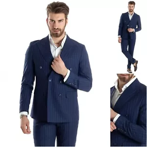 Traje Hombre Raya Diplomática 48 50 52 54 Slim Fit Cruzado Completo Azul Verano - Imagen 1 de 19
