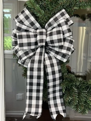Handmade Large Black and White Buffalo Plaid Bow 10 x 16 in. Bow for Wreath - Image 1 of 4
