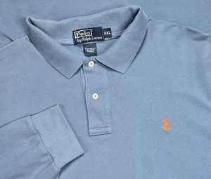 Vtg Ralph Lauren Polo Shirt 2XL Blue Long Sleeve Mens Pique Orange Pony - Picture 1 of 10