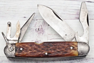 Antique MADE IN USA Scout Utility Knife Military WWII Era - Jigged Rogers Bone - Image 1 of 4