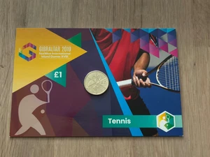 2019 Gibraltar Natwest Island Games XVIII Carded Tennis £1 Coin One Pound BU5 - Picture 1 of 4