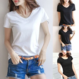 Womens T-Shirt Top Tees Shirt Basic Casual Comfortable Roundneck/V Neck - Picture 1 of 19