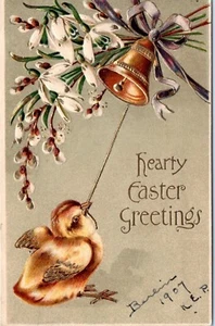 1910s Easter Postcard Chick Ringing Bell Gold Embossed Hearty Carte Postale - Picture 1 of 2