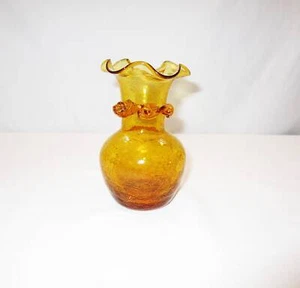 Vintage Amber Crackle Glass Vase Hand Blown Bud Vase Handcrafted Art Glass - Picture 1 of 10