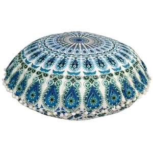 Blue Mandala Round Floor Pillow Peacock Printed Floor Seating Ottoman Home Décor - Picture 1 of 6