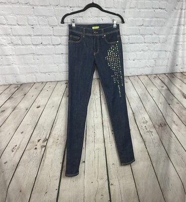 Pantalones de mezclilla Versace para mujer talla 26 ajustados lavado oscuro tachonados estrás LKNW Foto 1 de 4