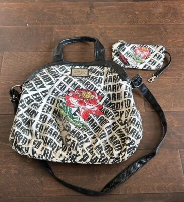 VINTAGE ED HARDY BAG & Change Pouch Logo Flower Large Satchel Crossbody 4025 - Image 1 of 4