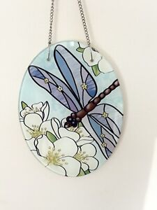 Stained glass Hanging Wall Decor 9” Dragonfly Flowers Art 