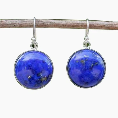 925 Argento Sterling Lapislazzuli Rotondo Orecchini Mano Gemma Pendente Gioielli - Immagine 1 di 4