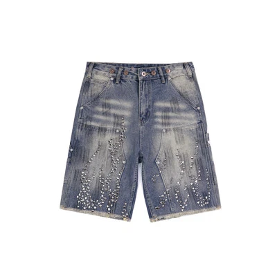 Shorts jeans largos pintados com strass High Street para homens bolsos perna larga azul - Imagem 1 de 4