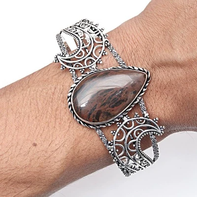 Pulseras brazalete de joyería hechas a mano con piedras preciosas obssedianas marrones 7"" ajustables Foto 1 de 4