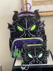 Disney Loungefly Exclusive Maleficent Dragon Sequin Backpack & Wallet~NWT - Picture 1 of 5
