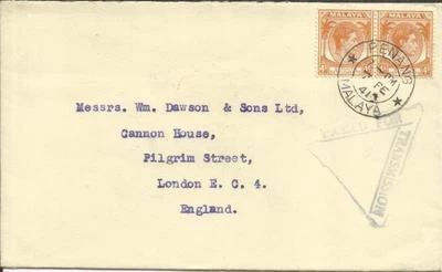 Malaya-Strait Settlements SG#280(pair) PENANG 7/FE/41 WWII CENSOR to England - Image 1 of 3