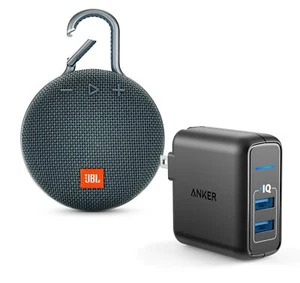 JBL Clip 3 Blue Bluetooth Speaker w/Anker 2 Ports Wall Charger - Picture 1 of 4