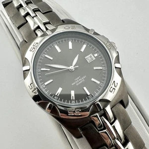 Stainless Steel Quartz Watch Mens Black Dial Analog Date 100FT WR, New Battery - Picture 1 of 13