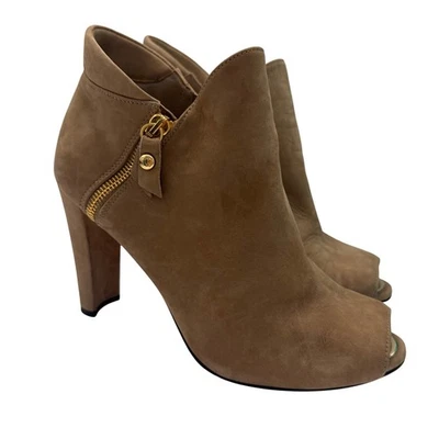 Stuart Weitzman Suede Peep Toe Booties Gold Zipper Heels Women's Shoes 7.5 - Image 1 of 4