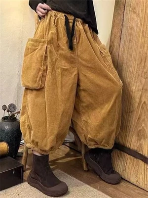 Otoño Mujer Retro Pana Pantalones Anchos Bolsillos Harén Pantalones Foto 1 de 4