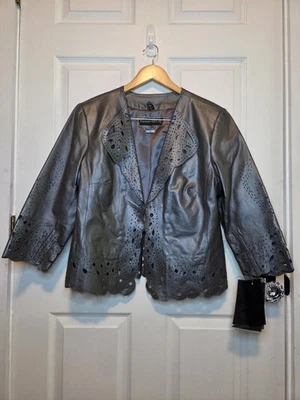 Chaqueta De Colección Pamela McCoy Cuero Gris L Detalle Recortado Clásico Boho Motociclista Años 80 90 Foto 1 de 4