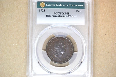 1723 Wood's Hibernia Halfpenny. Martin 4.69- Gc.1, W-13120.  PCGS XF-45.   PQ!! - Image 1 of 4