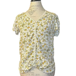 Max Studio Womens Ivory Yellow Floral Print Top Blouse V-Neck size M  - Picture 1 of 9