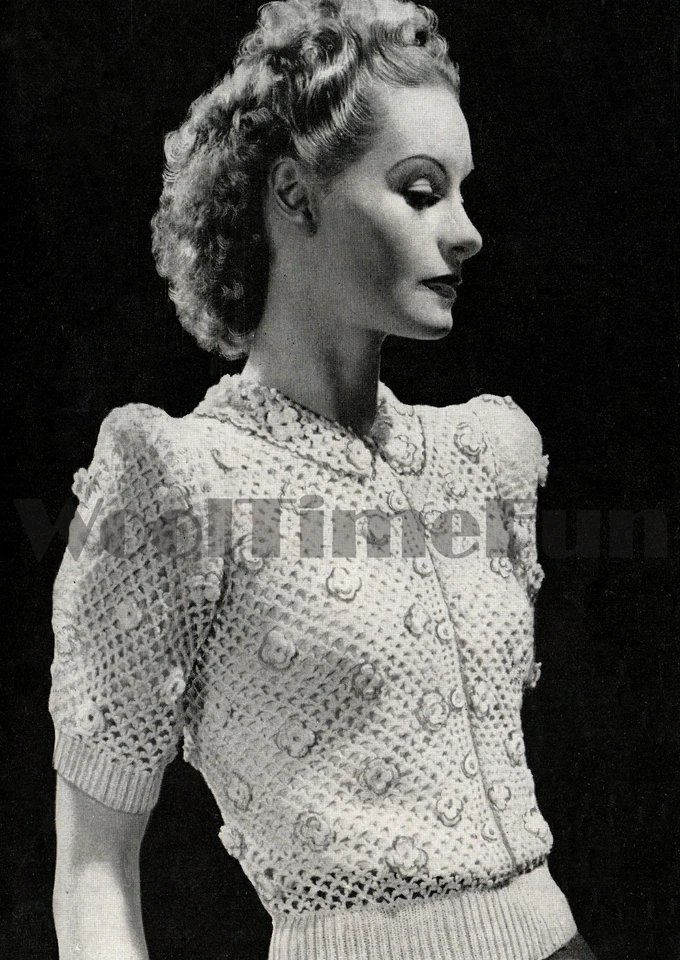 Crochet Pattern Womens Vintage 1940s Lace Design Blouse Top Knitted Rib - Image 1 of 1