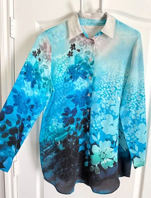 Soft Surroundings Tunic Button Up 3/4 Sleeve Blue Floral Silk Medium - Image 1 of 4