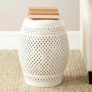 Safavieh Outdoor Side Table Garden Stool Ceramic Weather Resistant Cream Finish - Picture 1 of 3