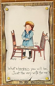 Linda Oferta de Niñas y Comida en Dos Sillas~Postal Firmada Curtis Tuck Día de San Valentín - Imagen 1 de 3
