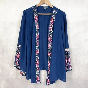 Market & Spruce Kimono Top 1X Linen Blend Embroidered Boho Festival Flare Sleeve - Picture 1 of 8