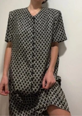 Vintage Leslie Fay Womens 24W Floral Tunic Zip Maxi Black White 1970s Preppy 80s - Image 1 of 4