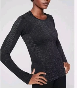 Athleta Flurry Shine Base Layer Long Sleeve Top Black Metallic Women's S Shirt - Picture 1 of 6