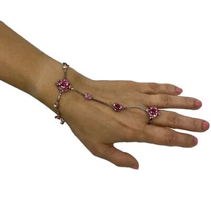 Pink Jewelled Slave Bracelet Linked Finger Ring, Fashion Costume Jewellery Gift - Picture 1 of 15