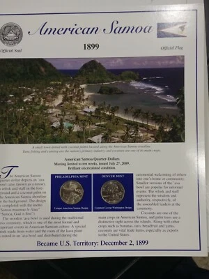 QUARTER U.S MINT SET AMERICAN SAMOA  &  STATE  STAMP PLAQUE - Image 1 of 4