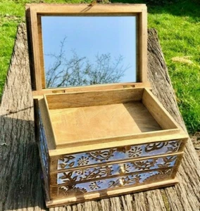 Schönes Entenei blau geschnitztes Holz Schmuckkästchen mit Spiegelschubladen & Schloss - Bild 1 von 6