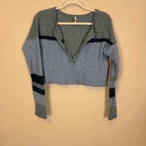 Free People Blue & Green Colorblock V Neck Cropped Wool & Cashmere Sweater Small - Picture 1 of 6