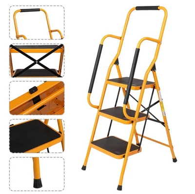 3 Step Ladder With Safety Handrail Foldable Safety Non Slip Matt Safe Heavy Duty