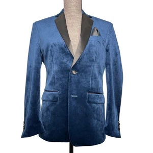 VINCI Velvet Blazer Mens Sz L Blue 2 Button Slim Fit Black Lapel Dinner Jacket - Picture 1 of 8