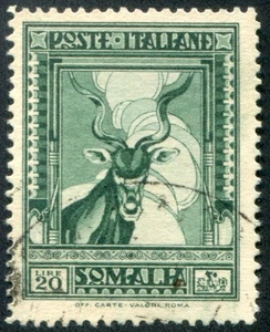 1935 Somalia Pittorica 20 lire antilope verde dent 14 Cervo usato spl cert Colla - Picture 1 of 2