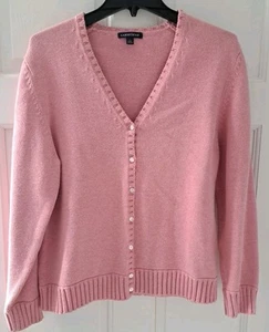 Vtg Lands End Womens Lg 100% Cotton Pink Cardigan Sweater  - Picture 1 of 6