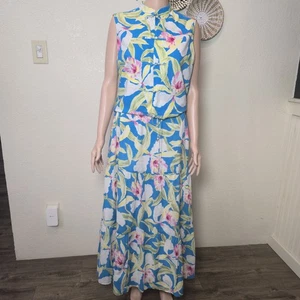 RALPH LAUREN WOMENS SET of  SKIRT And  TOP BLOUSE Sz XL  BLUE FLORAL 100% COTTON - Picture 1 of 20