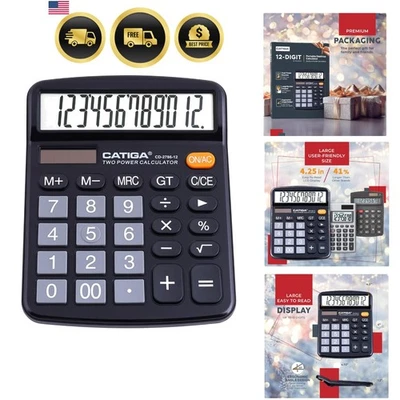 Desktop Calculator Large LCD Screen Dual Power Battery and Solar Office Home ... - Image 1 of 4