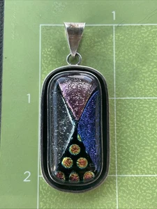  Colgante Vintage Plata de Ley 925 CII México Modernista Vidrio Iridiscente Piedra - Imagen 1 de 4