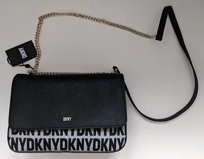 DKNY Sina Flap Shoulder Bag Black Gray Logo Purse Crossbody Adjustable Chain - Image 1 of 4
