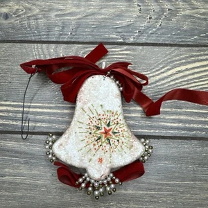 Vtg Christmas Ornament Styrofoam White Bell Red Ribbon White Gold Beads 4.5”  - Picture 1 of 7