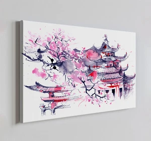 Japan Pink Watercolour Painting Canvas Print Wall Art, Home Decor Wall Hanging - Picture 1 of 10