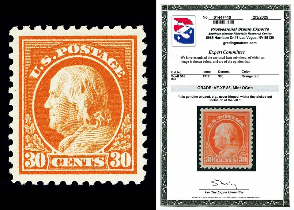 Scott 516 1917 30c Franklin Perf 11 Mint Graded VF-XF 85 NH with PSE CERT - Image 1 of 1