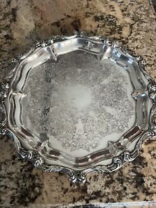 vintage wallace silverplate Round Footed Serving Tray 1114 Engraved On Back