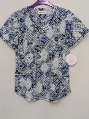 White Cross Scrub Top #782VBQ, Sz. XS, Color~Multi "Decorative Stitching" NWT - Image 1 of 4